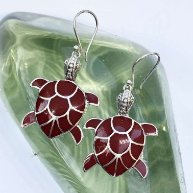 ER 05326 CR-(HANDMADE 925 BALI SILVER TURTLE EARRINGS WITH CORAL)
